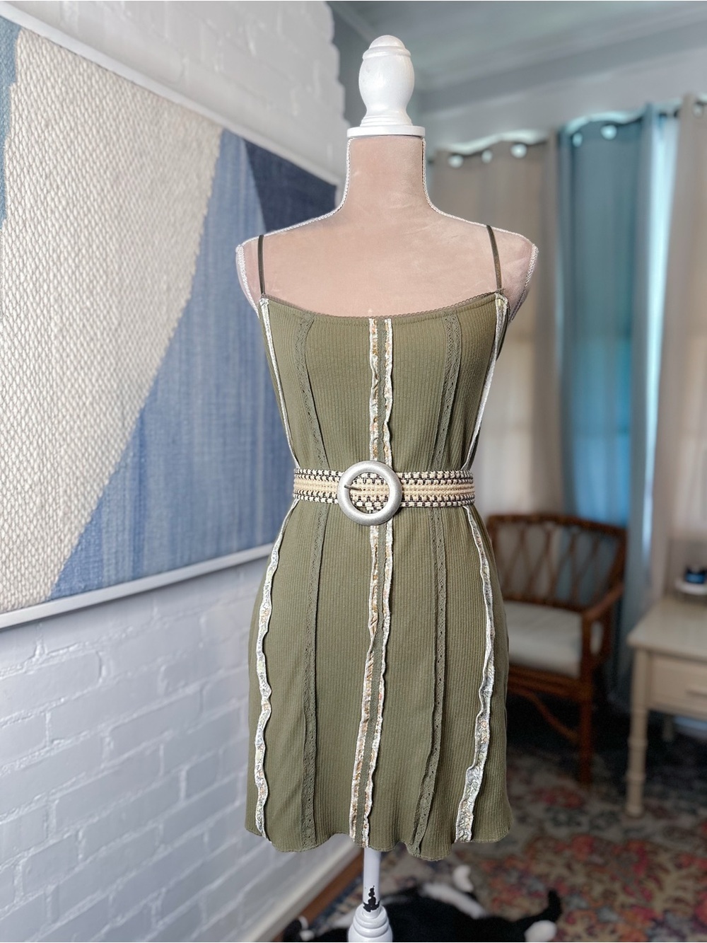 Urban Outfitters Green Ribbed and Floral Lace Dress
